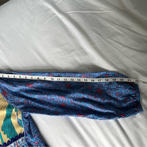 R. Vivimos Boho Festival Midi Blue/Yellow Peacock Print Dress Womens Sz L EUC - Picture 14 of 15